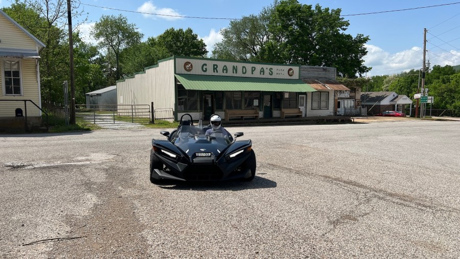 2025 Polaris Slingshot SL in front of Grandpa's Flea Market, Kingston, AR